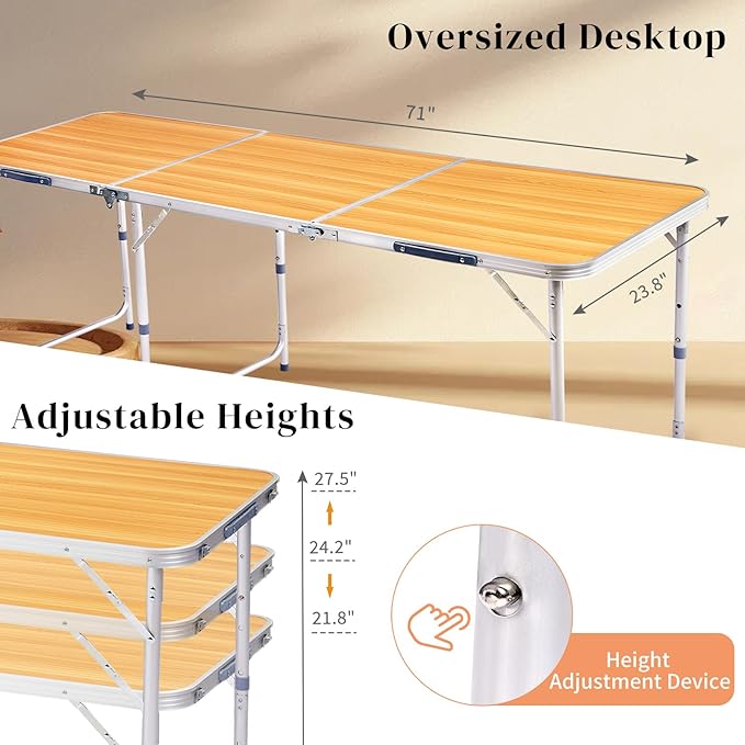 Camping Folding Table with Adjustable Height, 6ft Folding Portable Camping Table, Durable Aluminum Frame, RV Dining Tables, Grill, DJ, BBQ, Dining, Picnic, Cooking, Beach, Garden, Wood Grain Color