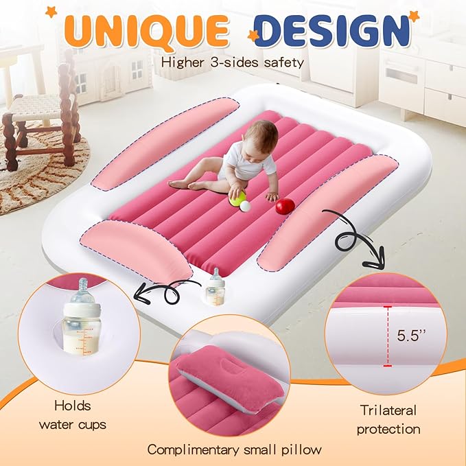 Inflatable Toddler Travel Bed - Portable Toddler Kids Travel Bed with Safety Sides Complete Kids Air Mattress Set with High-Speed Pump, Ideal for Vacation Camping and Sleepover (60 Inches)