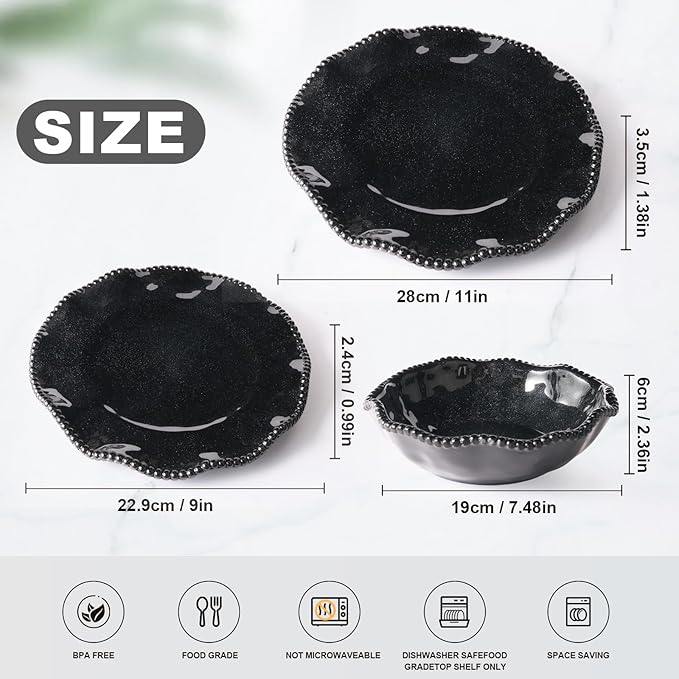 Melamine Dinnerware Sets Service for 4, Black Plates and Bowls Set with Beaded Edge, BPA Free Dishwasher Safe, Heavy Duty Shatterproof Unbreakable Tableware for Hallowmas Party Camping Outdoor