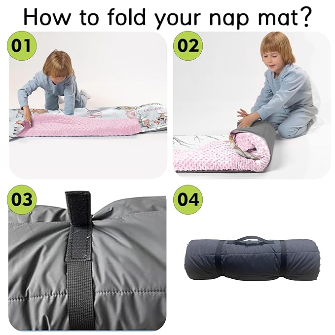Custom Toddler Nap Mat for Preschool, Personalized Name Kids Sleeping Bag with Animals Parrern for Daycare, Roll Up Sleeping Mat with Removable Pillow and Soft Dot Minky Blanke for Girls Camping