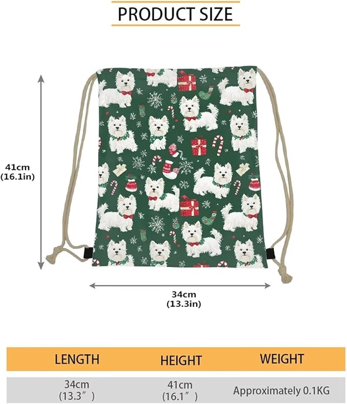 Upetstory Christmas Westie Drawstring Backpack Portable Draw String Bag Lightweight Cinch Sackpack Gymnastics Beach Storage Pouch for Adults Kids Travel Beach Swim Dance Yoga