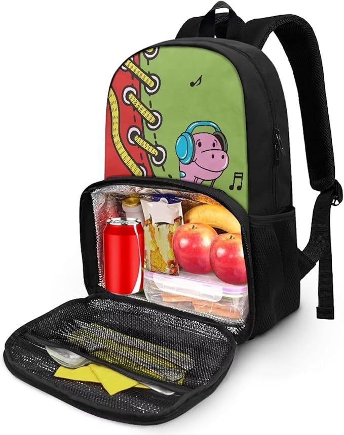 Insulated Cooler Lunch Box Backpack for Little Kids, All In One Backpack Meal Bag Teens Bookbag Primary Middle School Daypack, Laptop Bag Insulated Meal Cooler Box, Music Dinosaur