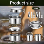14Pcs Stainless Steel Camping Cookware Set, Lightweight Compact Camping Pots Pans Set with Cups Plates Forks Knives Spoons for Backpacking Camping-Cooking Hiking and Picnic