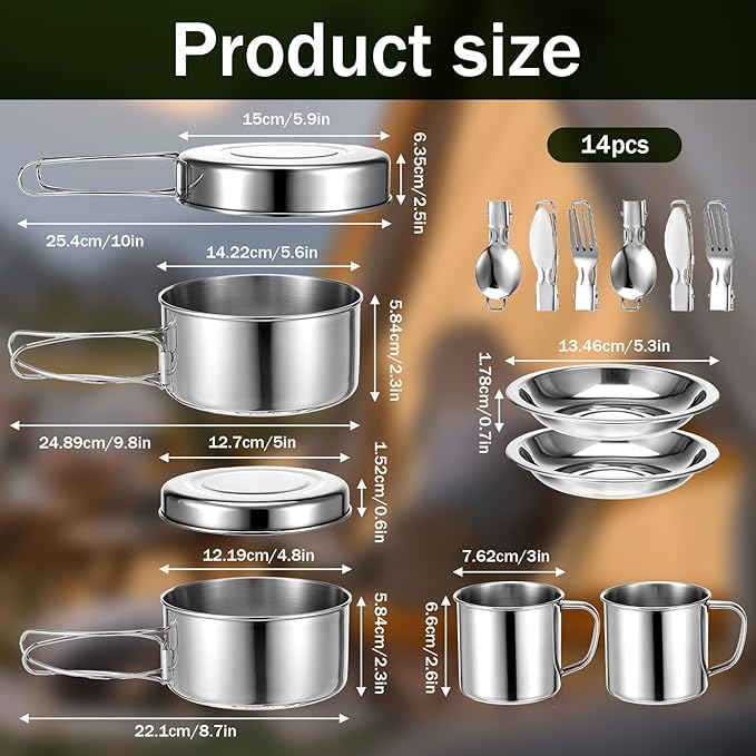 14Pcs Stainless Steel Camping Cookware Set, Lightweight Compact Camping Pots Pans Set with Cups Plates Forks Knives Spoons for Backpacking Camping-Cooking Hiking and Picnic