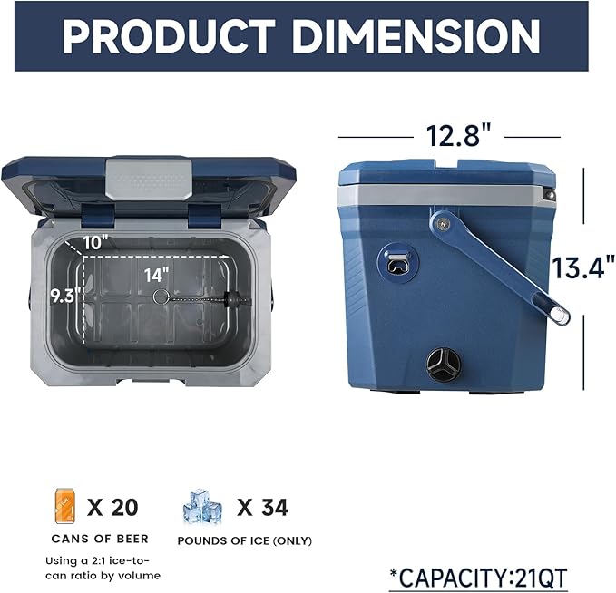 EchoSmile Insulated Portable Cooler 20L/21qt, Outdoor Hard Cooler Ice Chest Box for Camping, Drink, Beach, Fishing and Boating