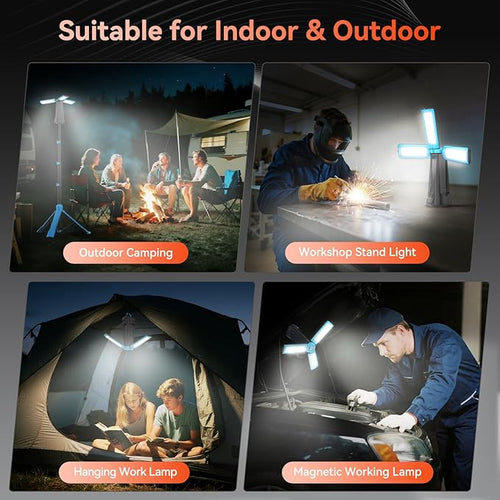 15000 mAh Rechargeable Camping Light with Stand, Cordless Work Light with 3 LED Lamp Heads, 5500 Lumens Dimmable Camping Essentials Gear Emergency Flashlight with 86" Detachable Tripod, Blue