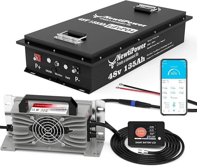 48V 135Ah Golf Cart LiFePO4 Battery with Charger and Monitor, 6912Wh Lithium Battery with 200A BMS, Up to 10000+ Rechargeable Cycles, Perfect for Golf Cart, Solar Power Storage (48V*135Ah)