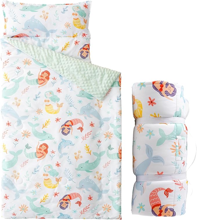 Bunnikins & Clover Toddler Nap Mat with Removable Pillow, Nap Mats for Preschool, Easy Clean Toddler Nap Pad for Kindergarten, Kids Sleeping Bag for Travel Camping