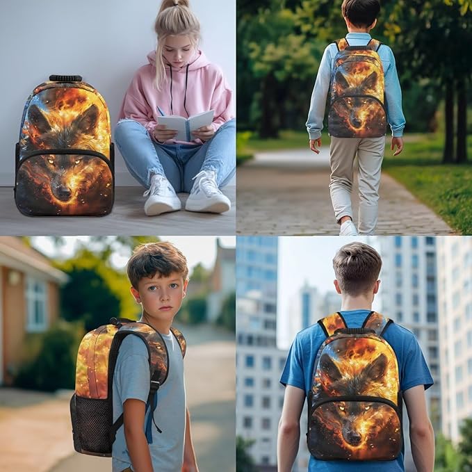 Wolf Backpack with Lunchbox Cool Kids Backpack Lightweight Trendy Kids Bookbag and Lunch Box Set Boys 4 Pcs School Bag for Boys 7-8 Daypack Travel Camping Outdoor Hiking