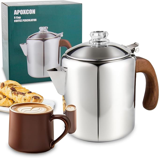 Coffee Percolator Stainless Steel Coffee Maker with Fireproof Solid Wood Handle & Tough Glass Clear Brew Progress Knob Camping Coffee Pot Using on any Stovetop NO Aluminum NO Plastic (6 Cup)