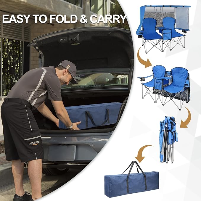 BESTHLS Double Canopy Camping Chair with Shade Folding Loveseat Chairs with Cup Holder Cooler Bag Organize Pouch for Camp Beach Sports Lawn Patio Outside (Blue)