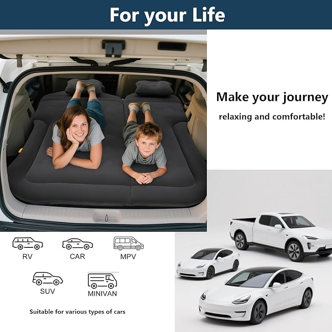 SUV Air Mattress for Camping, Air Mattress for Car Compatible with SUV, Camping Bed with Pump, Inflatable Sleeping Pad for Car Backseat, Truck Travel Bed for Road Trip (Black)