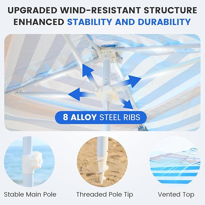 Zeraty Beach Cabana 8'×8', Portable Beach Canopy with Side Wall, Easy Pop Up UPF 50+ Silver-Coated Beach Tent Sun Shelter, Wind Resistant Adjustable Height Beach Umbrella Tent for Family, Sky Blue