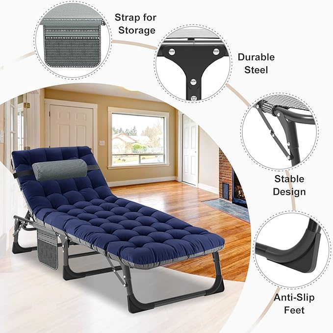 ABORON 5 Positions Camping Cots for Adults,Outdoor Folding Sleeping Cot/Mat,Folding Chaise Lounge Chair with Pillow,Portable Reclining Chair for Beach Lawn Camping Pool,Sunbathing Chairs