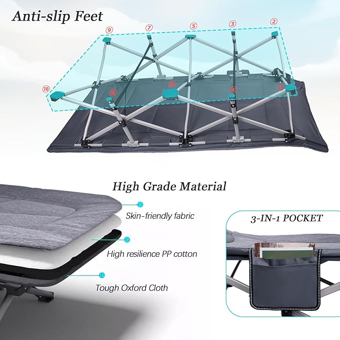 KAKO Folding Camping Cot, Heavy Duty 600 Lbs Portable Bed for Adults, Camping Beds with Carry Bag, Grey
