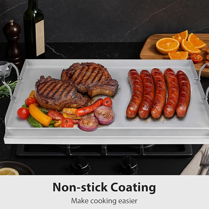 Utheer 25" x 16" Ceramic Nonstick Stainless Steel Griddle for Gas Grill, Charcoal, Oven, Large Stove Top Griddle, Non-Toxic, PFAS/PFOA/PTFE Free, Oven Up to 500°F, for BBQ, Camping & Kitchen, Sliver