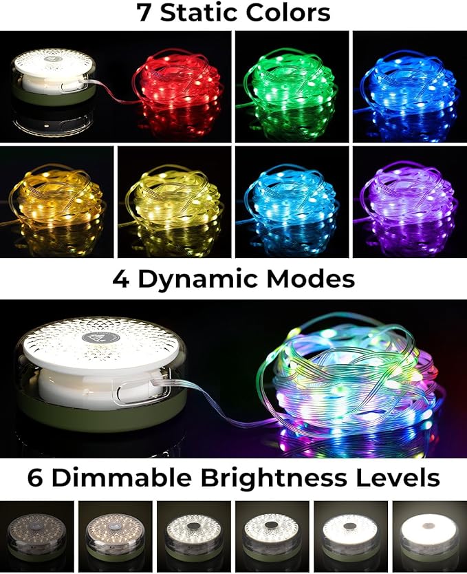 Camping String Lights, 32.8ft Retractable RGB Tent String Lights, Rechargeable LED Hanging Tent Lantern, Portable Twinkle Camp Lamp for Outdoor Backyard Patio Awning Canopy RV Essentials, Green
