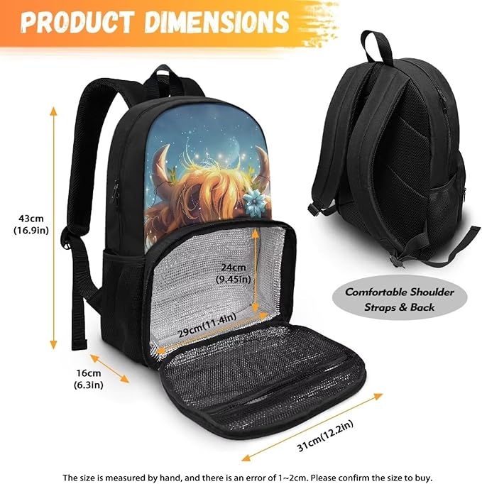 Cute Yak Cow 17 Inch Kids Casual School Backpack Purse, Extra Large Insulated Unisex Lunch Cooler Bag With Computer Compartment, Hiking Picnic Travel Student Dayback