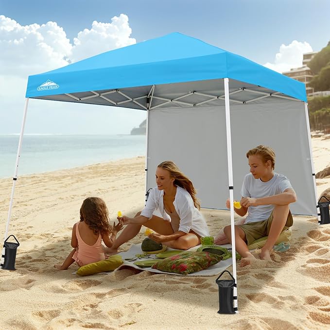 EAGLE PEAK 10x10 Pop Up Canopy Tent with Sidewall, Compact, Portable Slant Leg Instant Sun Shelter for Beach, Sports, & Camping, 10x10 Base 8x8 Top, Light Blue