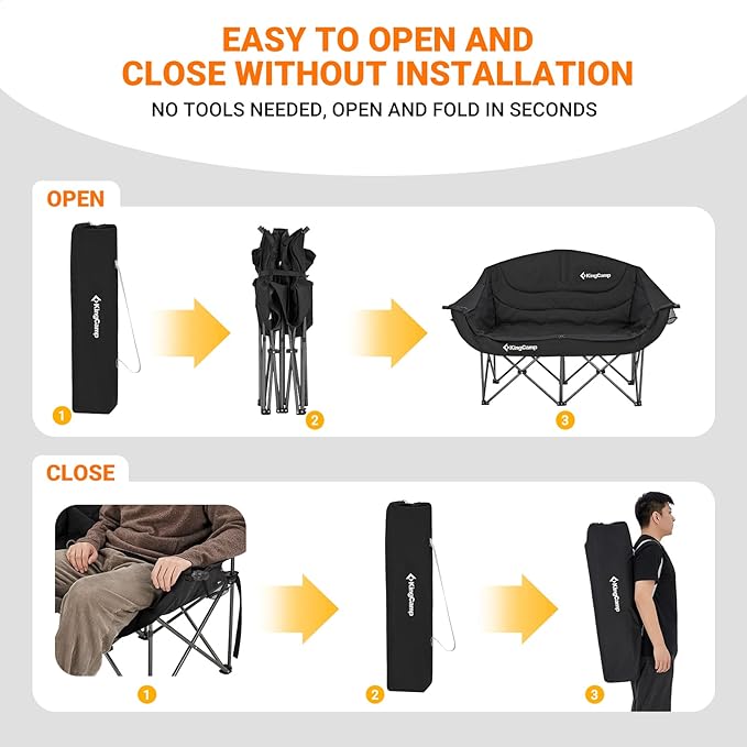 KingCamp Double Camping Chair, Oversized Heavy Duty 550lbs Loveseat for Adults Portable Folding XL 2 Person Couch Padded Comfortable Two Seat with Cup Holder for Outdoor Lawn Backyard, Black