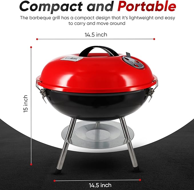 Gas One – 14-inch Portable Barbecue Grill with 3-Point Locking Lid for Heat Preservation – Dual Venting System – Small Charcoal Grill for Backyard, Camping, Boat