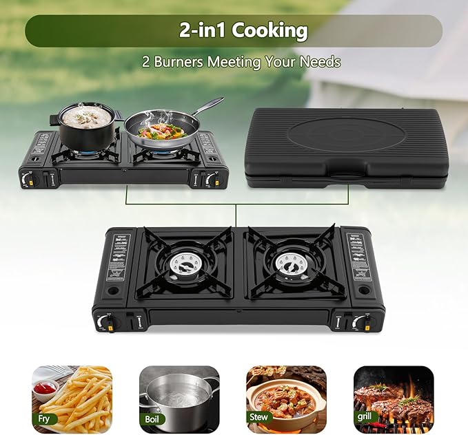 Double Burner Butane Stove, Butane Camping Stove Kit with Carrying Case, Portable Auto Ignition Camping Burner for RV, Apartments, Outdoor
