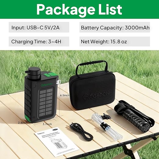 Greeshow Electric Portable Water Filter with Reusable 0.01 Micron Filter for Camping, Hiking, Survival with 3000mAh Portable Power Bank, Suport USB/Solar/Hand Crank Charing (Set of 2 Filters)