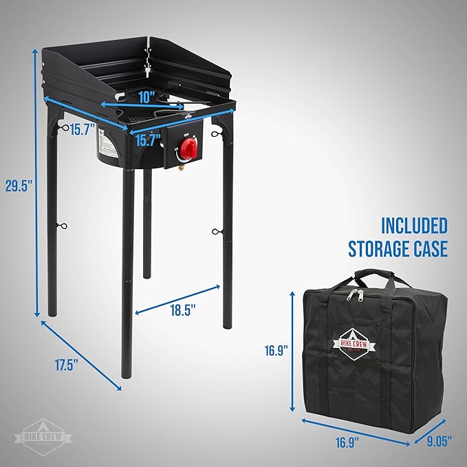 Hike Crew Cast Iron 1-Burner Outdoor Gas Stove | 75,000 BTU Portable Propane-Powered Cooktop w/Blue Flame Control, Removable Legs, Temperature Setting Knobs | Wind Panel, Hose Regulator & Storage Bag