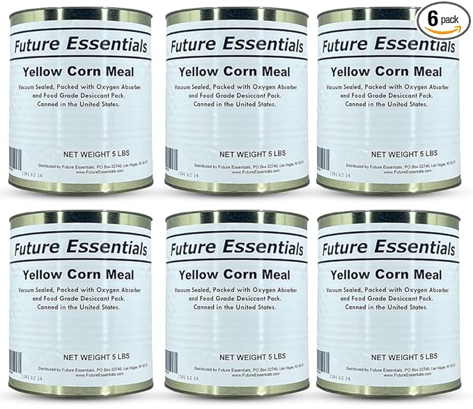 Future Essentials Yellow Corn Meal | Dry Corn For Baking & Cooking Great for Cornbread, Muffins Shelf Stable Emergency Supply Backpacking & Camping | Easy Prep Survival Food | #10 Can Pack of 6