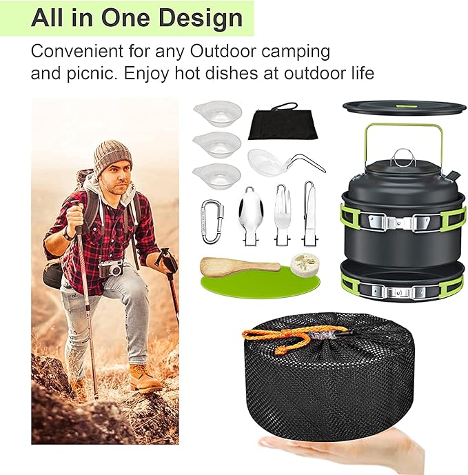MDybf Camping Pans and Pots Kit, Portable Outdoor Cookware, Tea Kettle Bowl Tableware Set with Mesh for Trekking, Hiking, Backpacking, Picnic, for 2-3 Person (Cookware Set)