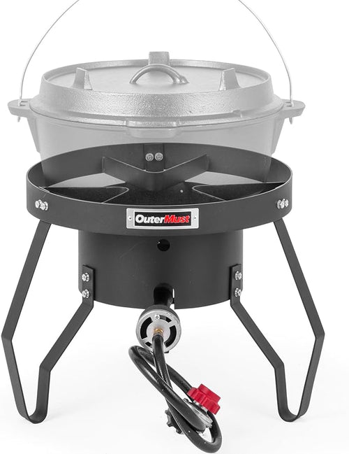 85000 BTU Camping Stove for Cast Iron Dutch Oven,Single Propane Burner with 10 PSI Regulator & Cast Iron Braided Holes, Heavy Duty Round Gas Stove for Outdoor Cooking & Camping