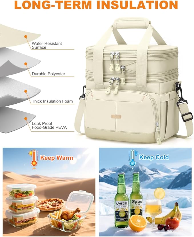 Lunch Box For Men Women Double Deck Insulated Lunch Bag For Men Woman Leakproof Expandable Cooler Bag with Adjustable Shoulder Strap for Work Shool Picnic(Beige,Medium)