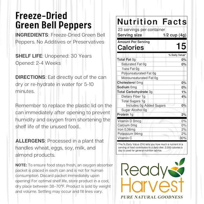 Ready Harvest Freeze Dried Food - Green Bell Pepper | Emergency Pantry Staples | Canned Vegetables | #10 Can | 25-Year Shelf Life | Cans Filled to the Top