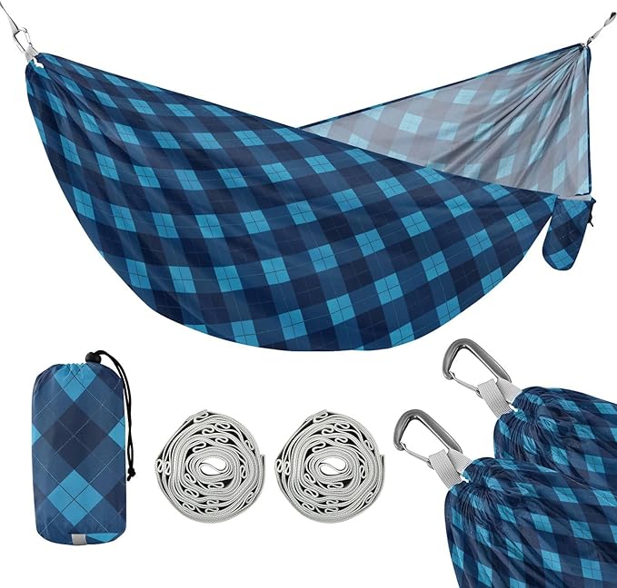 Dark Blue Checkerboards Hammocks for Camping with Hanging Rope Indoor Hammock for Patio Backyard Lounge Base
