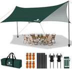 Camping Tarp with Poles & Retainer, 15x12.5FT Waterproof Canopy, 210D Oxford UPF100+ UV Sunshade Shelter, Portable Car Awning for Camping, Picnic, Hammock, Backpacking, Outdoor & Beach (Green)