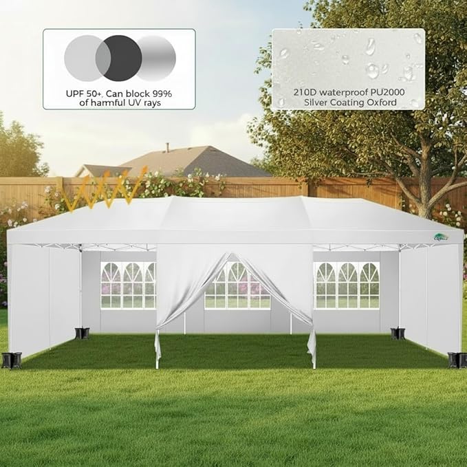 COBIZI 10x30 Pop Up Canopy Tent Commercial Instant Shelter with 8 Sidewalls, Durable Waterproof Portable Gazebo UPF 50+ for Outdoor Party, Wedding, Vendor Events (White)