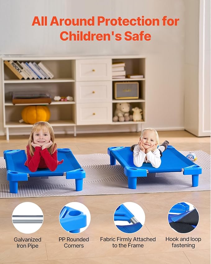 VEVOR Stackable Kiddie Cot, 6 Pack Portable Toddler Nap Cots, Standard Size 40" L x 23" W Daycare Cots for Kids, Preschool Classroom Daycare Beds for Sleeping, Resting, Naptime, Blue