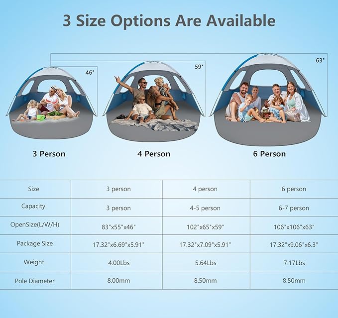 NXONE Beach Tent Sun Shelter with UPF 50+ UV Protection, Lightweight Easy Setup Portable Beach Canopy for Family, Large Space for Beach, Camping & Outdoor, 3/4/6 Person