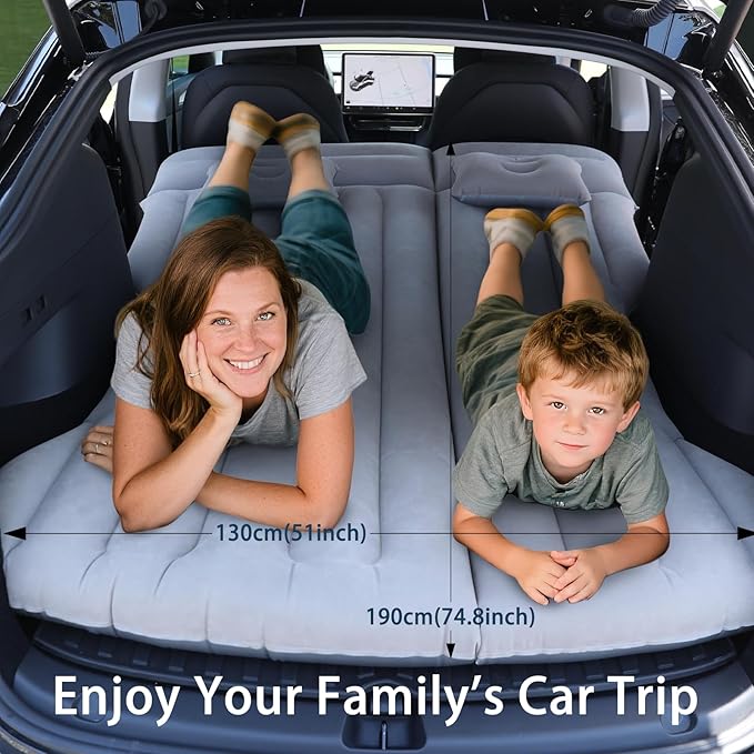 Car Air Mattress - Inflatable Camping Bed Compatible with Tesla Model Y, Thickened Flocked AirBed for Trunk/Backseat/Sedan/SUV/RV, Sleeping Pad with Pump and 2 Pillows for Camping Travel Outdoor Grey