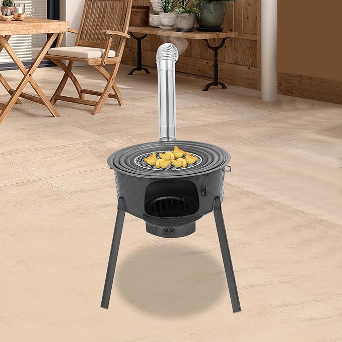 Wood Burning Stove with Grill Rack, Portable Camping Rocket Stove Chimney Charcoal Grill & Furnace Rings, for Outdoor Backyard Cooking, Picnic and Barbecue (Gray, 20.5 in)