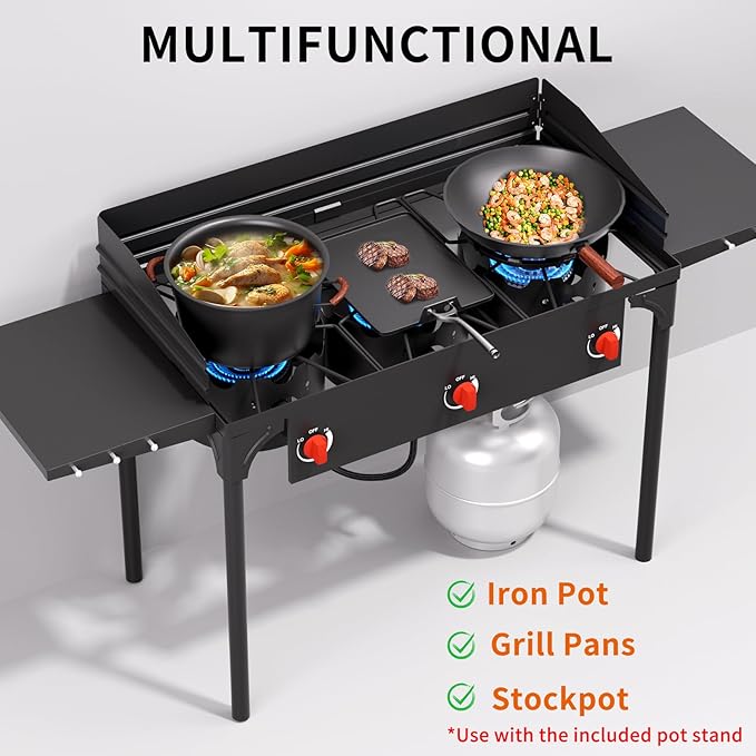 SKOK 3 Burners Portable Propane Stove with Wind Panel&Side Shelves, Camping Propane Stove, Outdoor Stove for Camping