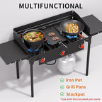 SKOK 3 Burners Portable Propane Stove with Wind Panel&Side Shelves, Camping Propane Stove, Outdoor Stove for Camping