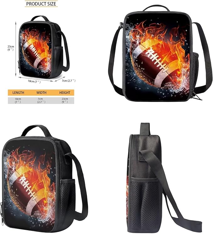 Rnyleeg Fire American Football Backpack for Boys with Lunch Box Novelty Elementary School Bag Set Lightweight Bookbag Set of 3 for Kids Back to School Gifts