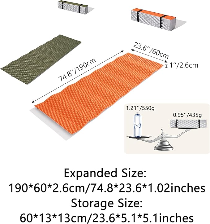 R2.6 3-Season Foam Sleeping Pad, 1inch Thickened Ultralight Closed Cell Camping Mattress with Bandage, Waterproof Thermal Folding Sleeping Pad Suitable for Backpacking, Camping