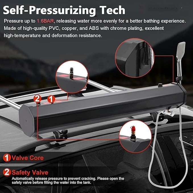 Portable Camping Shower, Roof-Mounted Solar Heating Pressurized Water Tank, Camping Shower Water Storage for Hiking, Car Wash, Beach Vacation