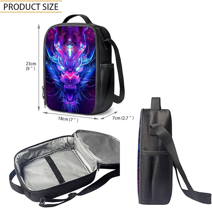 Dragon Backpack with Lunch Box 3 in 1 Cool Lightweight Bookbag for Boys 5-7 17 Inch Large Capacity Elementary School Bags Camping Lunch Bags Easy to Carry