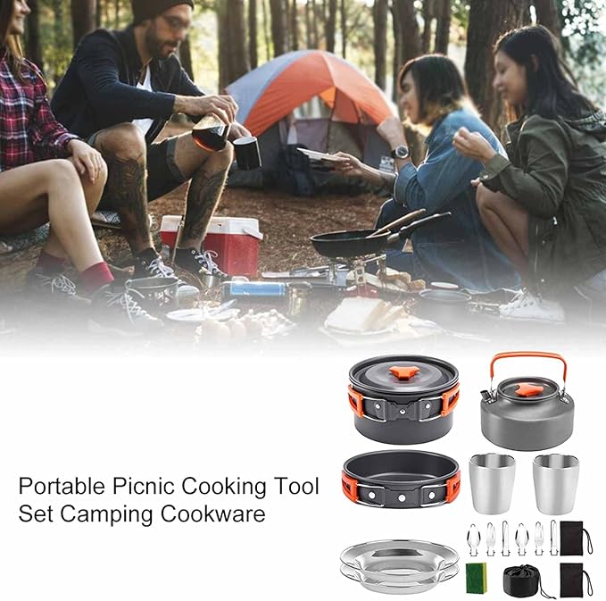Camping Cookware Portable Pot Pan Cup Teaport Set Folding Outdoor Cooking Set Hiking Picnic Tableware Tool Travel Equipment (Color : A) (B)