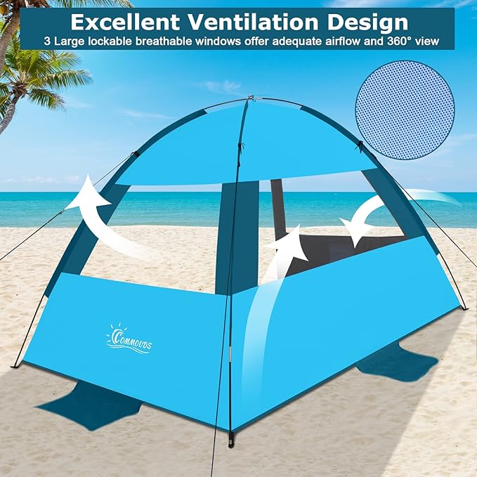 COMMOUDS Beach Tent Sun Shade for 3/4/6/8 Person, UPF 50+ Beach Sun Shelter Canopy Tent, Lightweight, Easy Set Up and Carry
