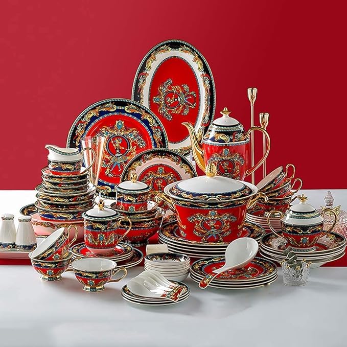 Elegant Dinner Plates,Classic Pottery Tableware,Ceramics Dinner Sets, 70 Pieces American Style Light Luxury Dinnerware Set | Plate/Bowl/Soup Pot - Coffee Set and Porcelain Combinat