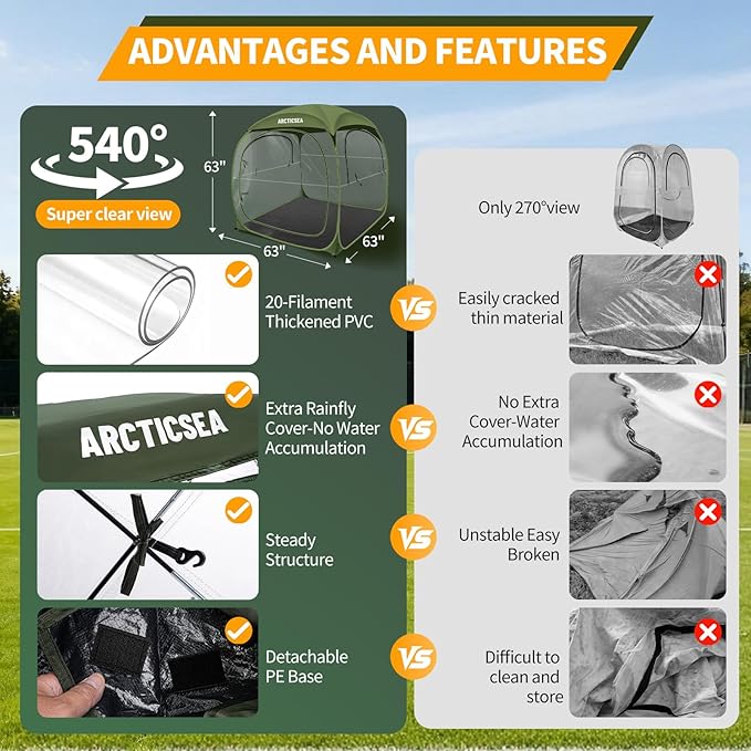 ARCTICSEA Thickened PVC Sports Tent - All-Weather Shelter Pod for 2-6 Person, Pop-Up Shelter, Instant Setup, Removable Top & Sealed Floor for Outdoor Events, Soccer, Rugby